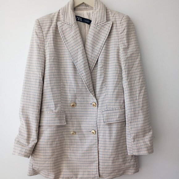 ZARA Plaid Blazer | Size S | Beige & Blue Check | Gold Button Double-Breasted - Picture 1 of 9